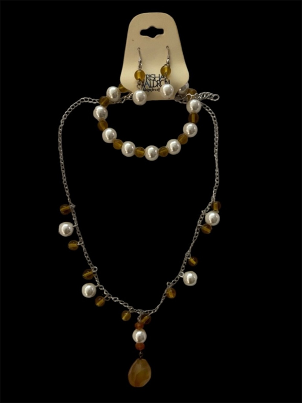 Trisha Waldron Designs VINTAGE necklace bracelet earrings set E382 beige white